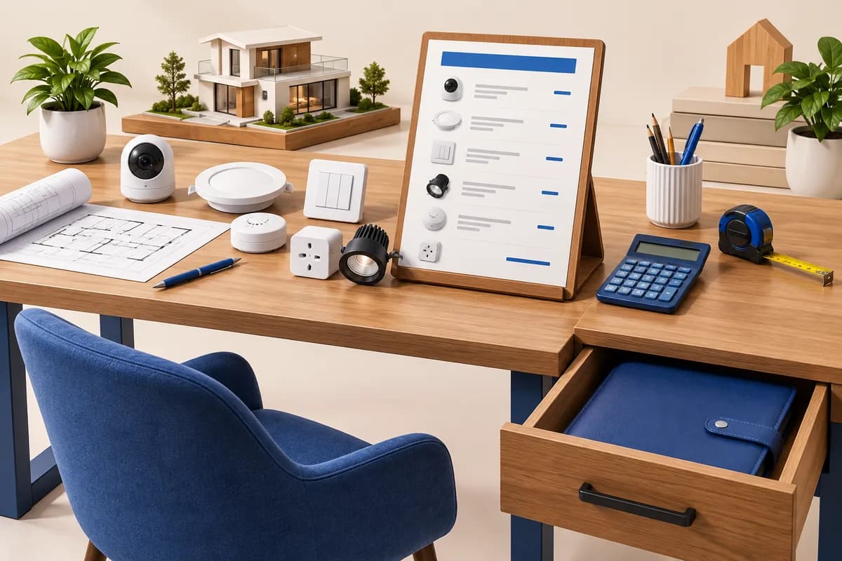 3D concept: Professional quotation builder: a wide supplier worktable with itemised client proposal on a stand, measured equipment units and calculator; a separate closed cost folder in a drawer