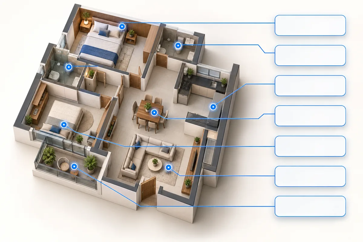 3D concept: Room and automation point schedule: top-down angled apartment floor model with multiple discrete blue point markers, linked to separate blank schedule tiles neatly laid along the right edge