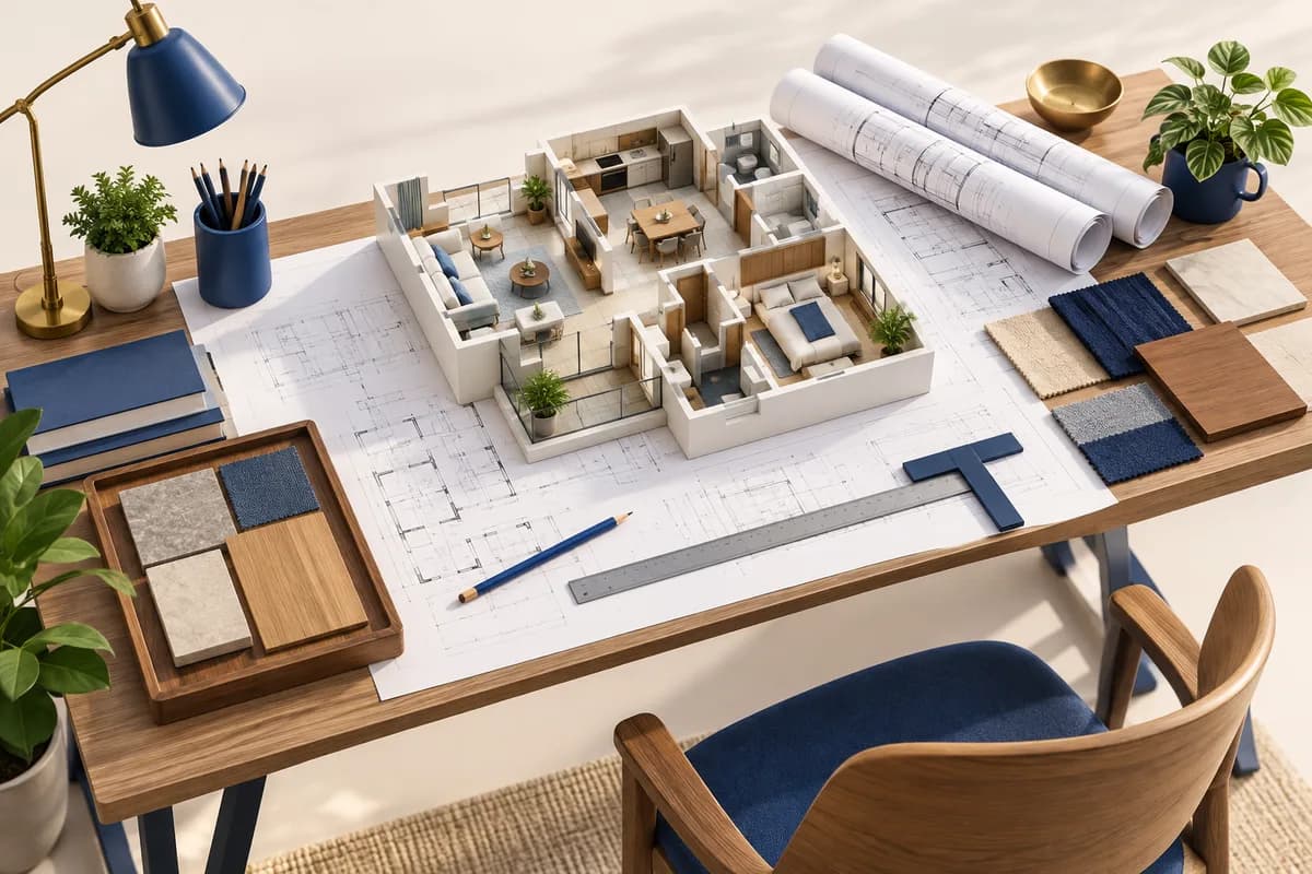 3D concept: Architect and interior planning: an overhead angled designer desk with a physical room model, rolled blueprints, T-square, pencil and material samples