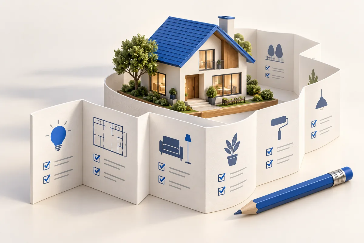 3D concept: Free project brief tool homepage illustration: a folded accordion planning document winding around a miniature house, with checklist shapes and a blue drafting pencil, distinct paper-fold composition