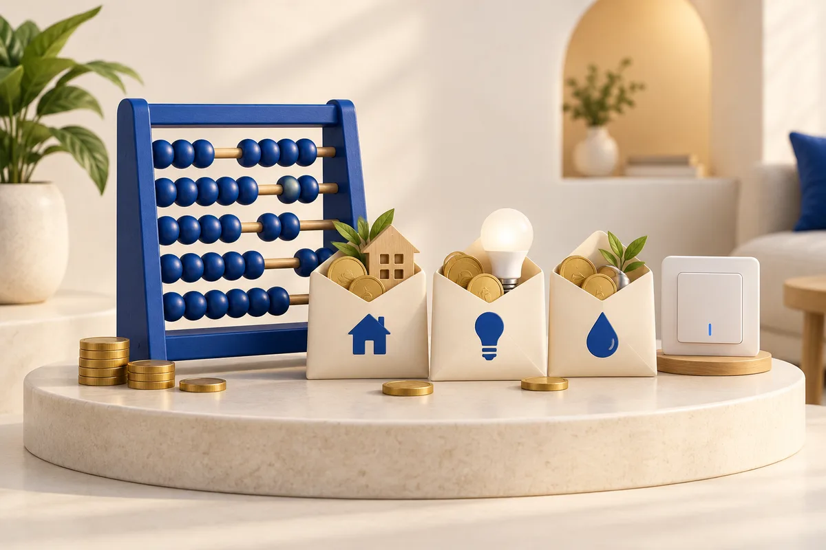3D concept: Free budget tool homepage illustration: a sculptural blue abacus beside three open budget envelopes with coins, tiny light bulb and smart switch on a warm ivory pedestal