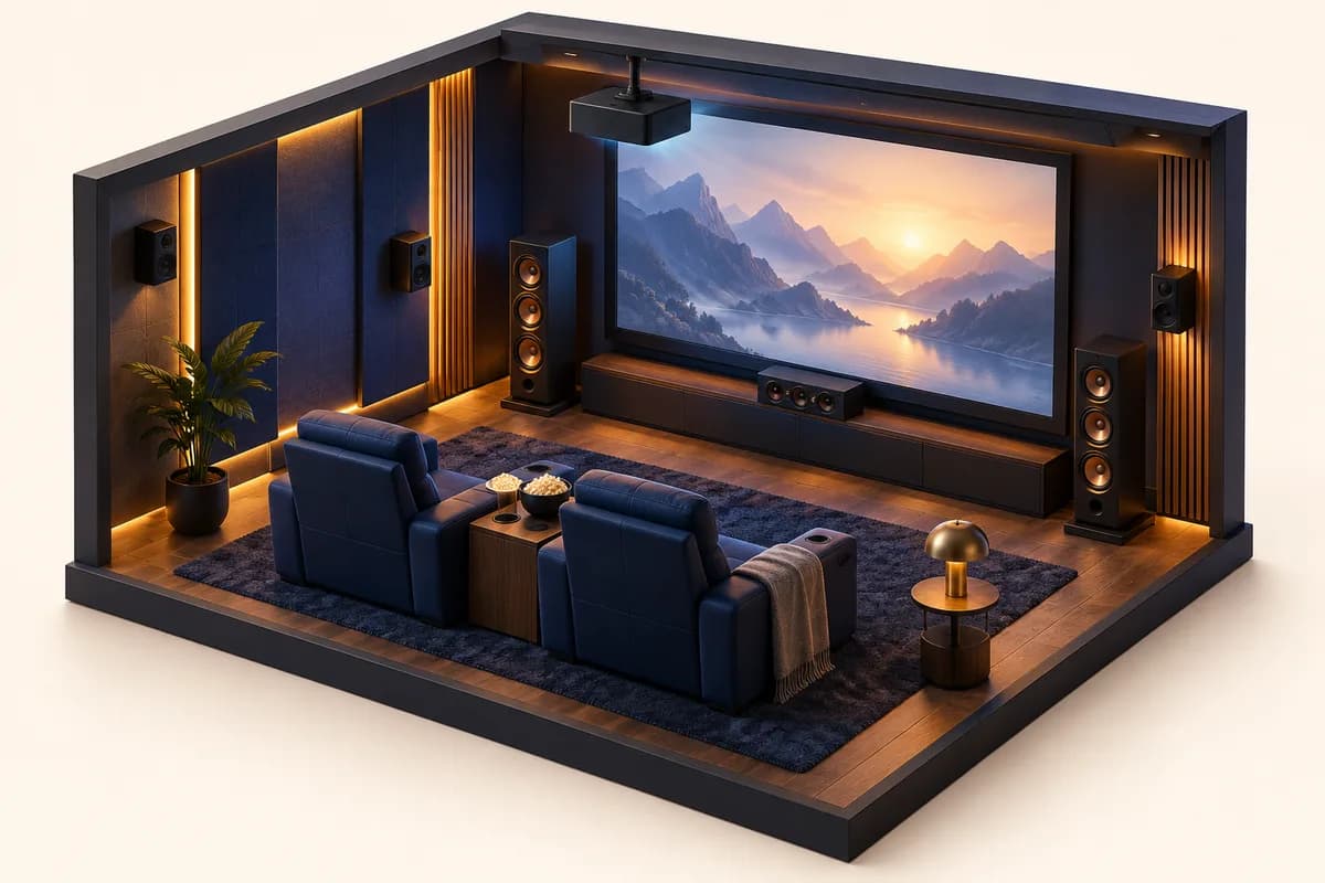 3D concept: Home cinema: an isometric dark miniature cinema room with two lounge seats, a large projection screen, ceiling projector and surround speakers