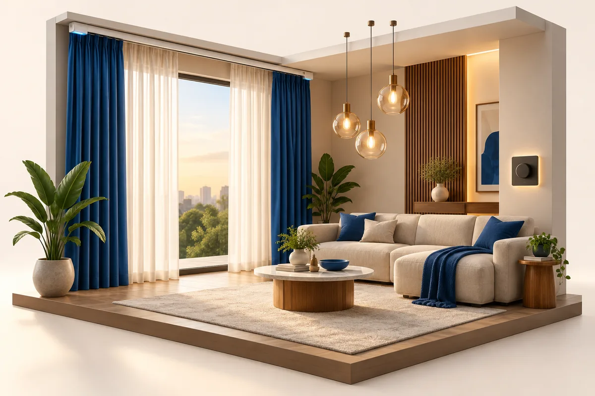 3D concept: Smart lighting and motorised curtains: a floating living-room corner with tall partly opened curtains, visible ceiling curtain motor rail, glowing pendant lights and wall dimmer