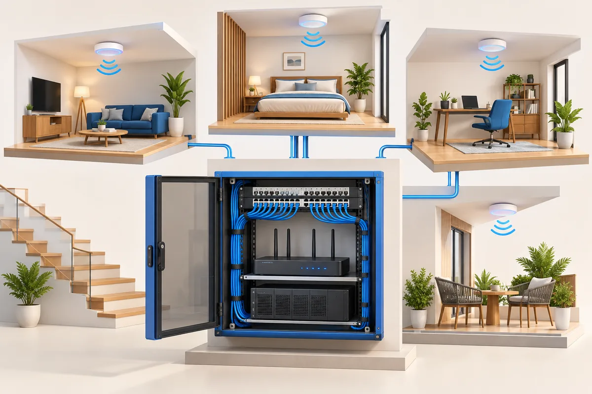 3D concept: Home networking: a tidy open network cabinet with patch cables, router and ceiling wireless access points on separate floating floor plates