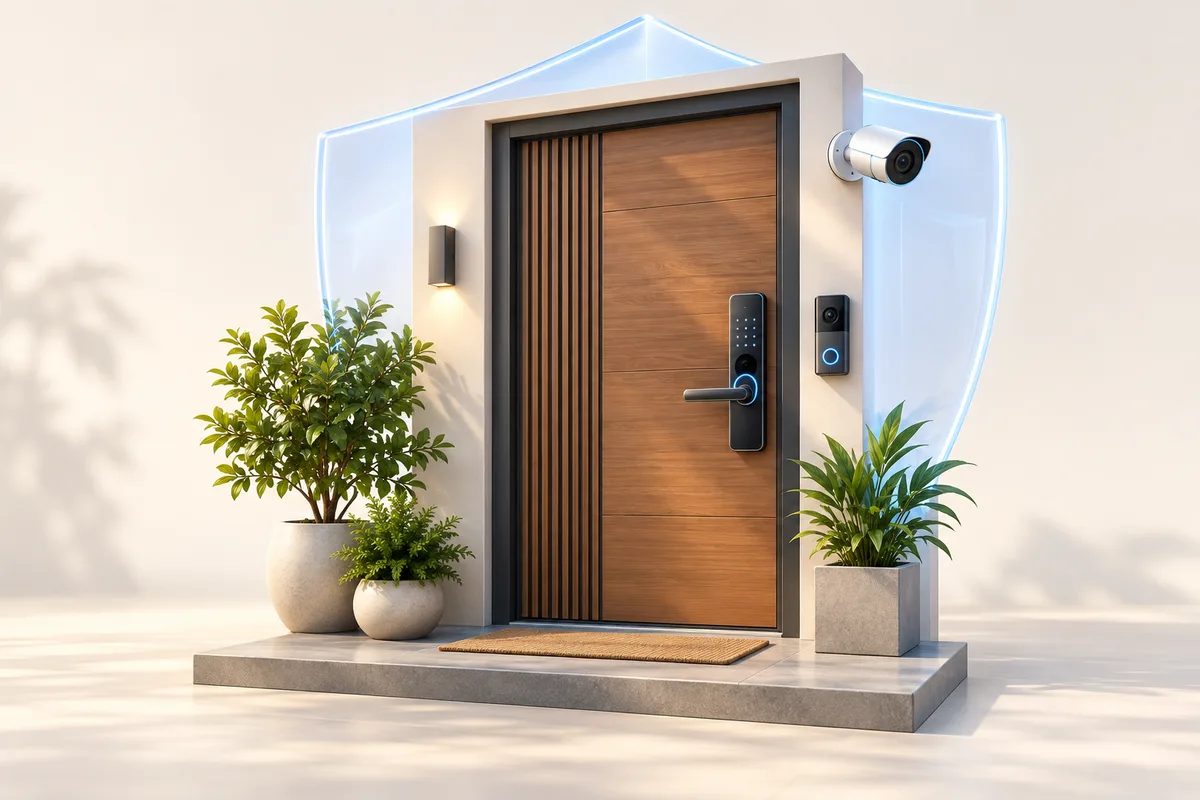 3D concept: Home security: a large freestanding contemporary entrance door with prominent digital smart lock, separate video doorbell and outdoor camera, a subtle translucent protective shield behind it