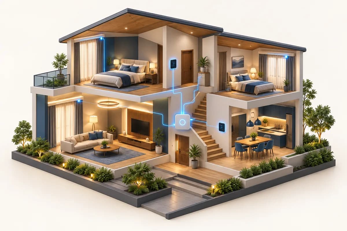 3D concept: Connected two-storey home with lighting, curtains and a central controller